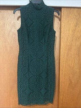 ANTONIO MELANI Dark Green Lace Midi Dress with High Neck